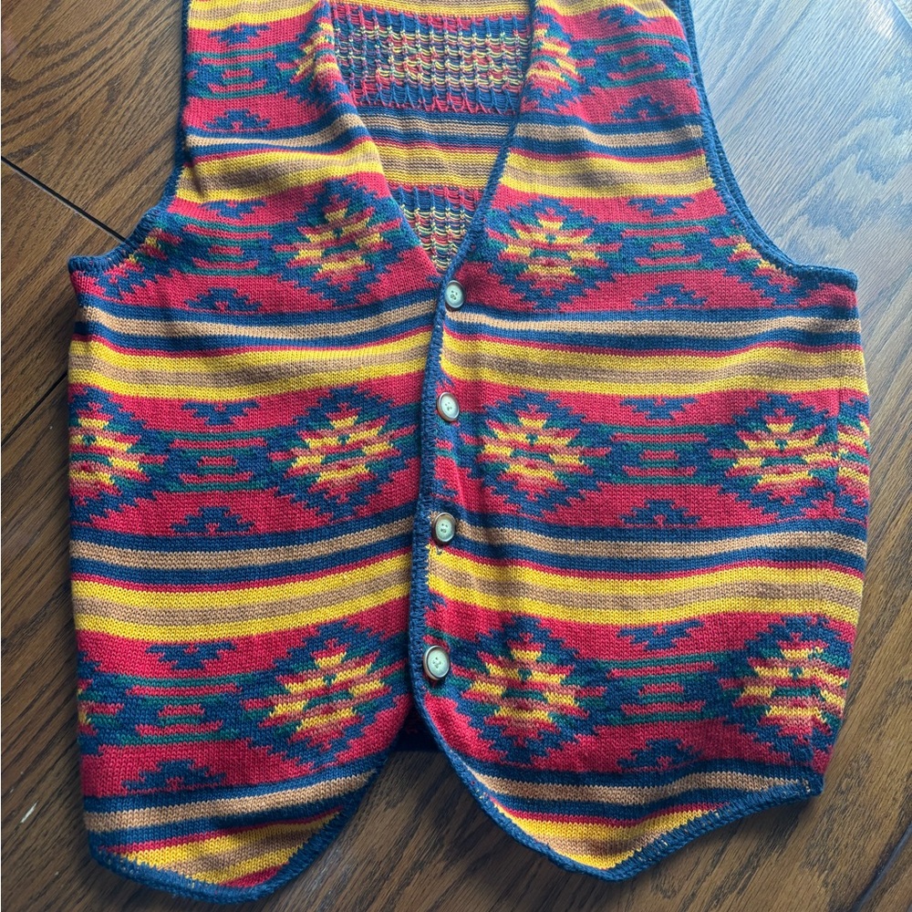 Vtg structure mens cardigan sweater vest L multicolor Aztec pattern